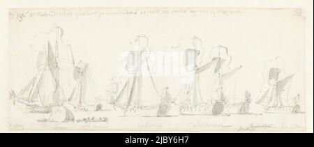 Il viaggio del re inglese Carlo II sopra il Tamigi a Sheerness e Chatham il 27 agosto 1681. Qui la flotta di yacht in successione tra Woolwich e Blackwall, il viaggio del re inglese Carlo II sul Tamigi a Sheerness e Chatham il 27 agosto 1681., disegnatore: Willem van de Velde (i), 27-ago-1681 - 31-dic-1681, carta, pennello, h 157 mm x w 375 mm Foto Stock