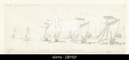 Il viaggio del re inglese Carlo II sopra il Tamigi a Sheerness e Chatham il 27 agosto 1681. Qui la flotta di yacht in successione tra Blackwall e Greenwich, il viaggio del re inglese Carlo II sul Tamigi a Sheerness e Chatham il 27 agosto 1681., disegnatore: Willem van de Velde (i), 27-ago-1681 - 31-dic-1681, carta, pennello, h 148 mm x w 366 mm Foto Stock