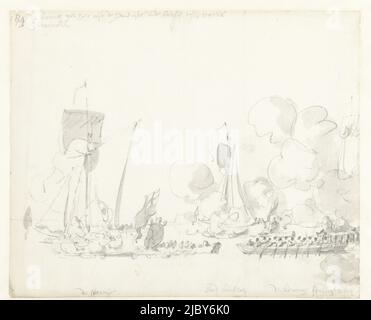Il viaggio del re inglese Carlo II sopra il Tamigi a Sheerness e Chatham il 27 agosto 1681. La partenza del re, il re passò dall'Henrietta alla 'chiatta' tra Woolwich e Blackwall. Le navi Maria e lo yacht di Lord Dunblane, il viaggio del re inglese Carlo II sul Tamigi a Sheerness e Chatham il 27 agosto 1681., disegnatore: Willem van de Velde (i), 27-ago-1681 - 31-dic-1681, carta, pennello, h 304 mm x w 370 mm Foto Stock