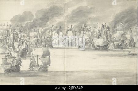 La battaglia navale di Terheide, 10 agosto 1653, episodio della prima Guerra del Mare Inglese (1652-1654). Battaglia tra navi da guerra olandesi e inglesi. La pagina centrale di una grande rappresentazione composta da tre pagine, Zeeslag bij Terheide, 10 agosto 1653 (pagina centrale), relatore: Willem van de Velde (i), relatore: Willem van de Velde (II), Paesi Bassi settentrionali, 1653, carta, penna, spazzola, a 422 mm x l 680 mm Foto Stock