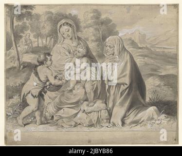 Santa Famiglia con San Giovanni Battista e Santa Elisabetta, Cornelis Visscher (II), dopo Tiziano, c.. 1654 - c. 1658, Design for a print., disegnatore: Cornelis Visscher (II), dopo: Titiaan, (possibilmente), Amsterdam, c.. 1654 - c. 1658, carta, spazzola, penna, h 314 mm x l 388 mm Foto Stock