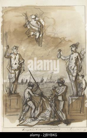 Commercio e spedizione, decorazione sul Nieuwmarkt, 1795, Jurriaan Andriessen, 1795, due marinai strappano la bandiera inglese. Su entrambi i lati statue di Nettuno e Mercurio (con il gallo francese). Nelle nuvole un'altra figura. Disegno non utilizzato per il commercio e la spedizione, decorazione allegorica eretta sul Nieuwmarkt ad Amsterdam al Festival dell'Alleanza il 19 giugno 1795., relatore: Jurriaan Andriessen, Paesi Bassi, 1795, carta, spazzola, h 416 mm x l 268 mm Foto Stock