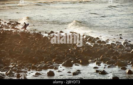 Lone Surfer che trasporta la tavola da surf che cammina sulle rocce dal mare Foto Stock