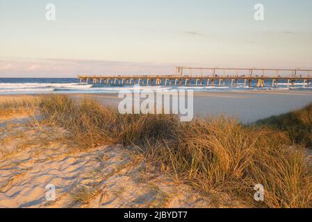 Si affaccia sulla spiaggia di sabbia erbosa fino al drago di sabbia permanente sulla Gold Coast Foto Stock