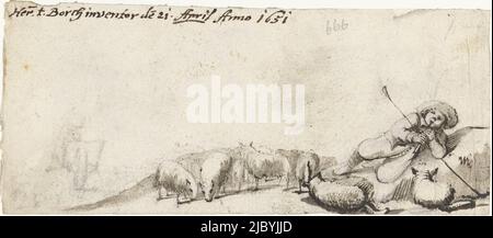 Pastore suona flauto con le sue pecore, Harmen ter Borch, 1651, Pastore suona flauto con le sue pecore. Uno schizzo di una carriola può essere visto sulla sinistra., disegnatore: Harmen ter Borch, (menzionato sull'oggetto), Zwolle, 21-Apr-1651, carta, spazzola, a 88 mm x l 209 mm Foto Stock