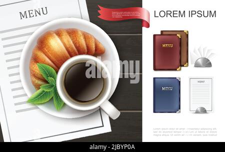 Menu realistico colorato copre concetto con tazza di caffè foglie di menta croissant su piastra menu scheda e tovaglioli con supporti in metallo vettore illustrazione Illustrazione Vettoriale