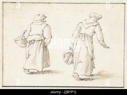 Due donne che camminano, viste dalla parte posteriore, Herman Saftleven, 1619 - 1685, disegnatore: Herman Saftleven, 1619 - 1685, carta, spazzola, h 61 mm x l 88 mm Foto Stock