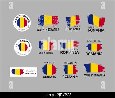 Set di adesivi. Fabbricato in Romania. Pennellate a forma di bandiera rumena. Concetto di fabbrica, produzione e paese di produzione. Elemento di design per l Illustrazione Vettoriale