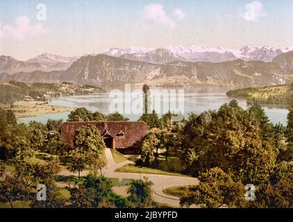 Veduta del Lago di Lucerna, la catena meridionale delle Alpi, compreso Titlis dal Parco Dreilinden, Lucerna, Svizzera 1890. Foto Stock