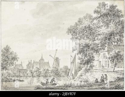 Vista di Haastrecht, Pieter Jan van Liender, 1763, disegnatore: Pieter Jan van Liender, 1763, carta, penna, pennello, a 141 mm x l 196 mm Foto Stock