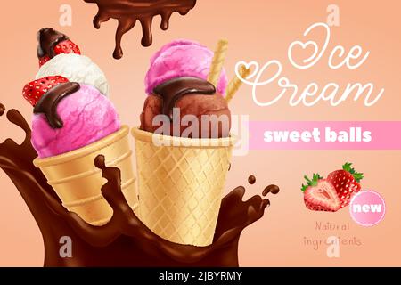 Gelato alla fragola palle dolci dessert con ingredienti naturali in cioccolato spruzzi realistico pubblicità composizione vettoriale illustrazione Illustrazione Vettoriale