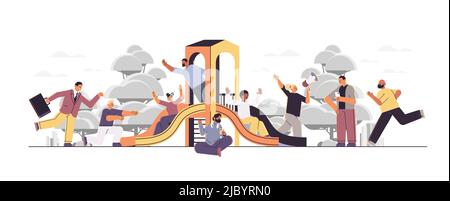 mix gara persone scivolando uomini donne utilizzando gadget digitali divertirsi sul parco giochi slide orizzontale Illustrazione Vettoriale