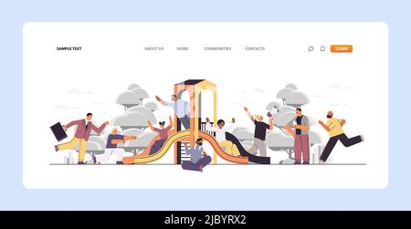 mix gara persone scivolando uomini donne utilizzando gadget digitali divertirsi sul parco giochi slide orizzontale a tutta lunghezza Illustrazione Vettoriale