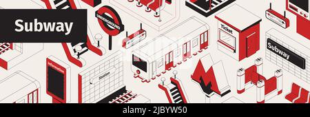 Isometrico bianco rosso e nero senza cuciture pattern con metropolitana treni barriera scala mobile 3D illustrazione vettoriale Illustrazione Vettoriale