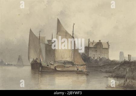 Vista fiume con nave a vela, Antonie Waldorp, 1813 - 1866, vista fiume con nave a vela, che è ormeggiata sulla riva; sulla destra una vecchia casa., disegnatore: Antonie Waldorp, 1813 - 1866, carta, pennello, penna, a 191 mm x l 285 mm Foto Stock