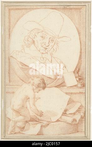 Ritratto di Adriaen van Ostade, Jacob Houbraken, 1708 - 1780, disegno per una stampa., disegnatore: Jacob Houbraken, 1708 - 1780, carta, h 156 mm x w 98 mm Foto Stock