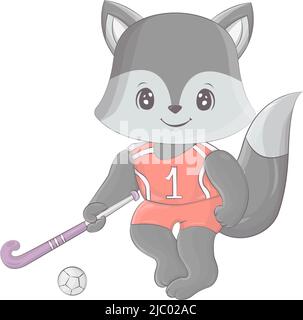 Wolf giocare a hockey su campo. Illustrazione vettoriale di un animale dell'atleta carino. Carino piccola illustrazione di lupo per i bambini, libro del bambino, fiabe, coperture Illustrazione Vettoriale