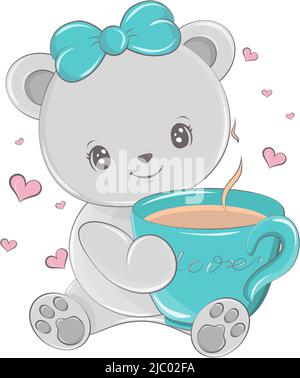 Orsacchiotto bere caffè da una tazza. Cartoon clipart porta set per bambini attività t shirt stampa, icona, logo, etichetta, patch o adesivo. Vettore Illustrazione Vettoriale