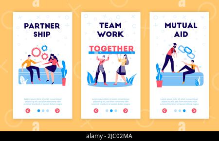 Collaborazione di business sostegno condivisione fondi responsabilità profitti 3 banner web flat verticale con simboli di lavoro di squadra illustrazione vettoriale Illustrazione Vettoriale