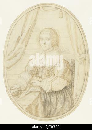 Ritratto di Anna Maria Schurman, Crispijn van de Passe (i), 1630 - 1635, disegnatore: Crispijn van de Passe (i), 1630 - 1635, pergamena (materiale animale), penna, h 182 mm x w 135 mm Foto Stock