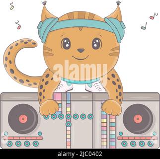 Un'illustrazione di una lynx dietro una console DJ. Illustrazione vettoriale di un animale carino. Simpatico lynx per bambini, fiabe, cover, bambino Illustrazione Vettoriale