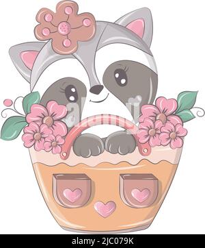 Raccoon in un divertente stile cartoon. Carino illustrazione animale per i prodotti del bambino. L'animale nel vettore sorride cutely e ha occhi bei Illustrazione Vettoriale
