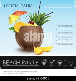 Concetto realistico di festa in spiaggia con cocktail di cocco fresco decorato con fette di mango arancio foglie verdi bastoni e ombrelloni illustrazione vettoriale Illustrazione Vettoriale