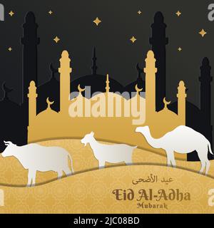 eid al adha mubarak illustrazione biglietto d'auguri in carta taglio arte stile Illustrazione Vettoriale