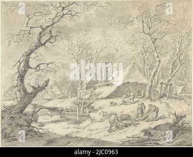 Paesaggio invernale con fattoria, disegnatore: Pieter Pietersz. Barbier, 1759 - 1842, carta, spazzola, h 298 mm x l 389 mm Foto Stock