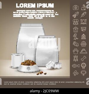 Composizione realistica di cibo per cani e gatti con sacchetti di plastica lattina lattine animali domestici icone illustrazione vettoriale Illustrazione Vettoriale