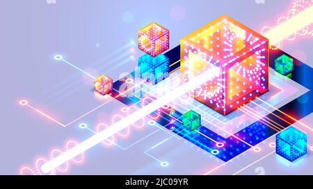 Concetto di astrazione del computer Quantum. Il fascio di segnale digitale passa attraverso qubit nella CPU ottica core. Background tecnico. Hardware futuristico Illustrazione Vettoriale