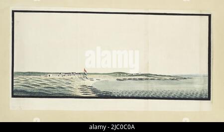La casa del postmaster sull'isola di Robben, vista dal mare, disegnatore: Robert Jacob Gordon, (attribuito a), disegnatore: Johannes Schumacher, (possibilmente), Kaapapavincie, c. 1777, carta, penna, spazzola, h mm x l mm, h 280 mm x l 660 mm Foto Stock