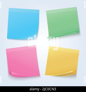 Fogli a colori, fogli adesivi sul set vettoriale della scheda annunci. Illustrazione vuota dell'adesivo di memoria Illustrazione Vettoriale