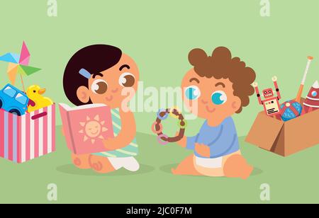 bambini con scatole per giocattoli Illustrazione Vettoriale