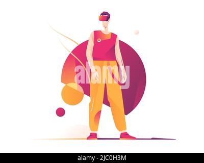 Un'illustrazione vettoriale raffigurante un uomo in una cuffia per realtà virtuale immersa in uno spazio fantasy Illustrazione Vettoriale