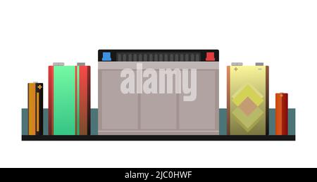 Fonte di energia della batteria automatica. Accumulatore di elettricità. Cella galvanica. Dissociazione elettrolitica. Isolato su sfondo bianco. Sale e elio litio Illustrazione Vettoriale