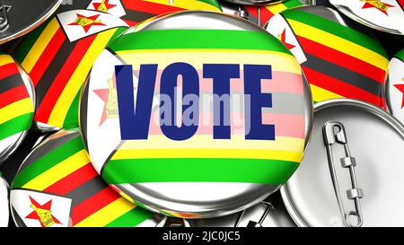 Zimbabwe e Vota - decine di pulsanti di pinback con una bandiera dello Zimbabwe e una parola di voto. 3D rendere simbolo del prossimo voto in questo paese.,3D illustre Foto Stock