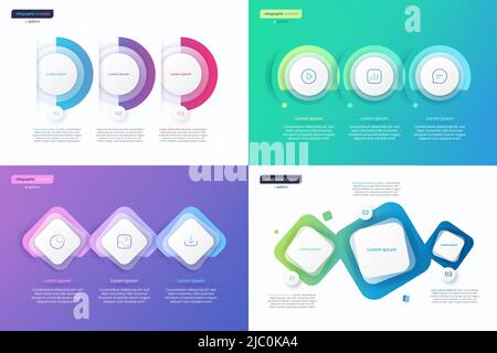 Modelli infografici vettoriali astratti a gradiente minimalistici composti da 3 forme Illustrazione Vettoriale