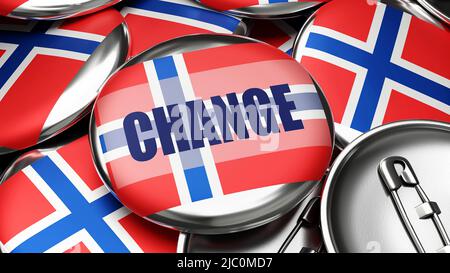 Cambia in Norvegia - bandiera nazionale della Norvegia su decine di pulsanti pinback che simboleggiano il prossimo cambiamento in questo paese. ,3d illustrazione Foto Stock