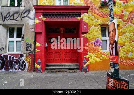 Kiefernstraße in Düsseldorf. Le facciate delle case sono state artisticamente disegnate con murali. Düsseldorf, Renania settentrionale-Vestfalia, Germania, 24.5.22 Foto Stock