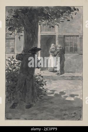 Disegno per una stampa, uomo dietro un albero, spionando su alcune persone ho visto Annie in piedi alla porta, disegnatore: Willem Steelink (i), (menzionato sull'oggetto), 1836 - 1913, carta, pennello, a 315 mm x l 231 mm Foto Stock