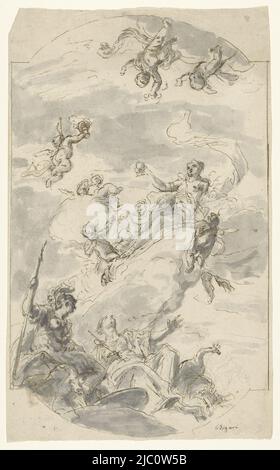 Disegno per una pittura di soffitto con Venere, Minerva e Juno, disegnatore: Vittorio Maria Bigari, 1702 - 1776, carta, penna, pennello, a 415 mm x l 257 mm Foto Stock
