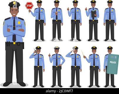 Set di diverse illustrazioni dettagliate di ufficiale, poliziotto e sceriffo afro-americano SWAT in posizioni diverse in stile piatto su bianco Illustrazione Vettoriale