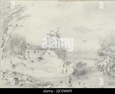 Paesaggio con casa, disegnatore: Maxime Francois Antoine Lalanne, 1837 - 1886, carta, h 44 mm x l 65 mm Foto Stock