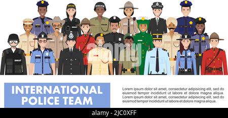Team di polizia internazionale. Illustrazione dettagliata di diversi paesi della polizia in stile piatto su sfondo bianco. Illustrazione Vettoriale