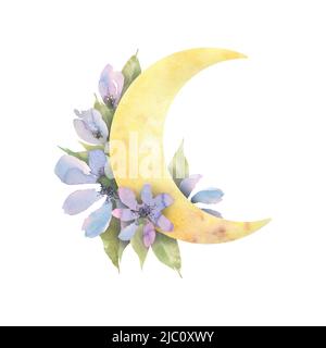 La luna con delicati fiori lilla astratti e foglie verdi. Un'illustrazione dolce e carina. Acquerello, composizione per bambini. Per decorazione, desi Foto Stock