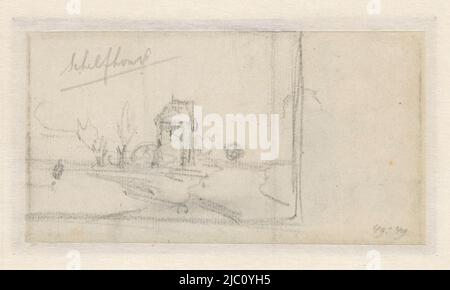 Disegno di un paesaggio con una casa sul lungomare, disegnatore: Andreas Schelfhout, 1797 - 1870, carta, h 95 mm x w 170 mm Foto Stock