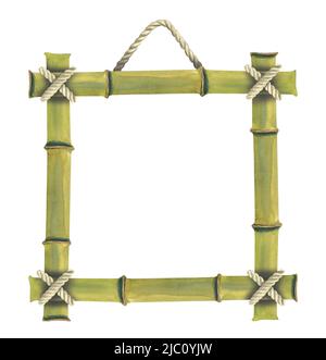 Immagine acquerello quadro di bambù quadrato con corda di iuta. Bambù asciutto, marrone, gambi. Per decorazione, decorazione, poster, cartoline. Foto Stock