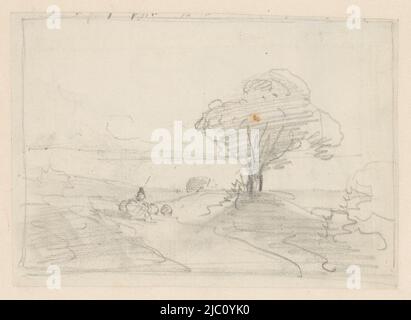 Disegno di un paesaggio con un albero sul lungomare, disegnatore: Andreas Schelfhout, 1797 - 1870, carta, h 143 mm x w 203 mm Foto Stock