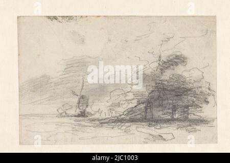Disegno di un paesaggio con mulino a vento in speleatura, disegnatore: Andreas Schelfhout, 1797 - 1870, carta, h 152 mm x w 238 mm Foto Stock